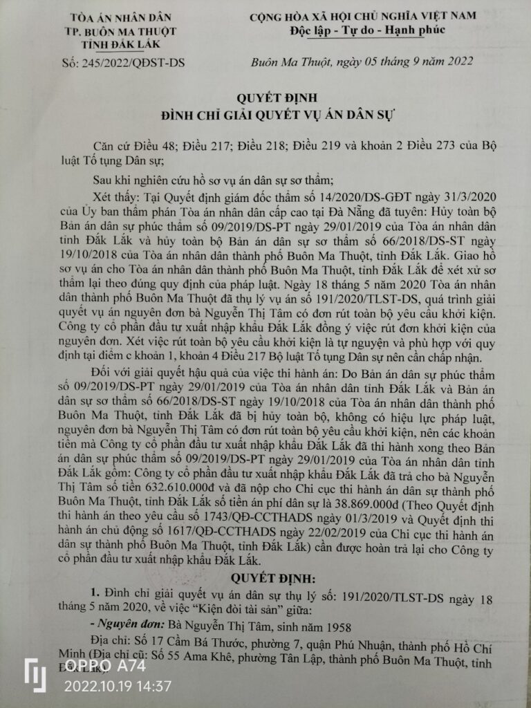 QuyẾt ĐỊnh ĐÌnh ChỈ GiẢi QuyẾt VỤ Án DÂn SỰ VỤ BÀ NguyỄn ThỊ TÂm Inexim Daklak